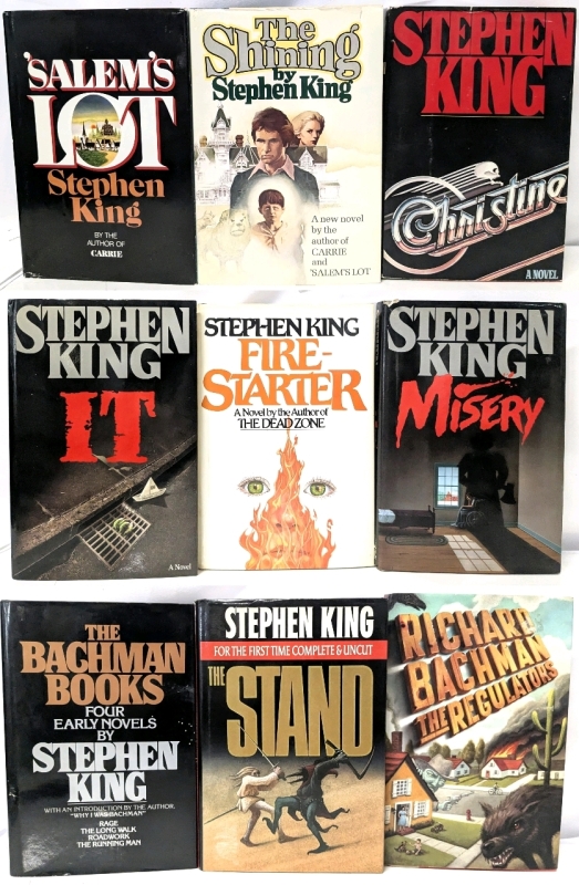9 Vintage Hardcover STEPHEN KING / Richard Bachman Novels: IT, Misery, Christine, Fire-Starter, The Shining, Salem's Lot, The Stand, The Bachman Books, The Regulators (See Photos for Copyrights)