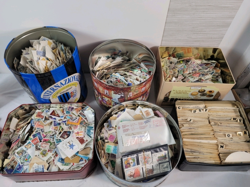 Six (6) Large Tins Full World Postage Stamps . Too many countries to list .