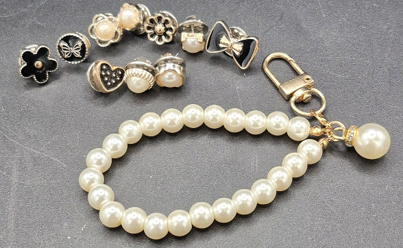 11 New Adorable Pins & Faux Pearl Key Chain 5.5" Long