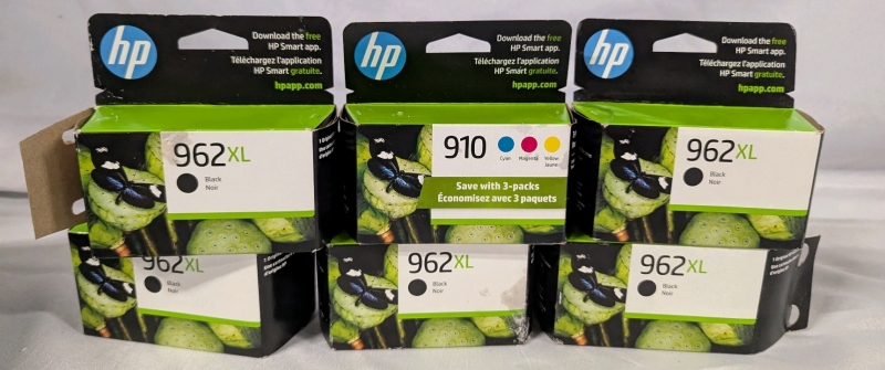 6 As New HP Ink Cartridges. 5 962xl Black and 1 910 Colour Cartridges.