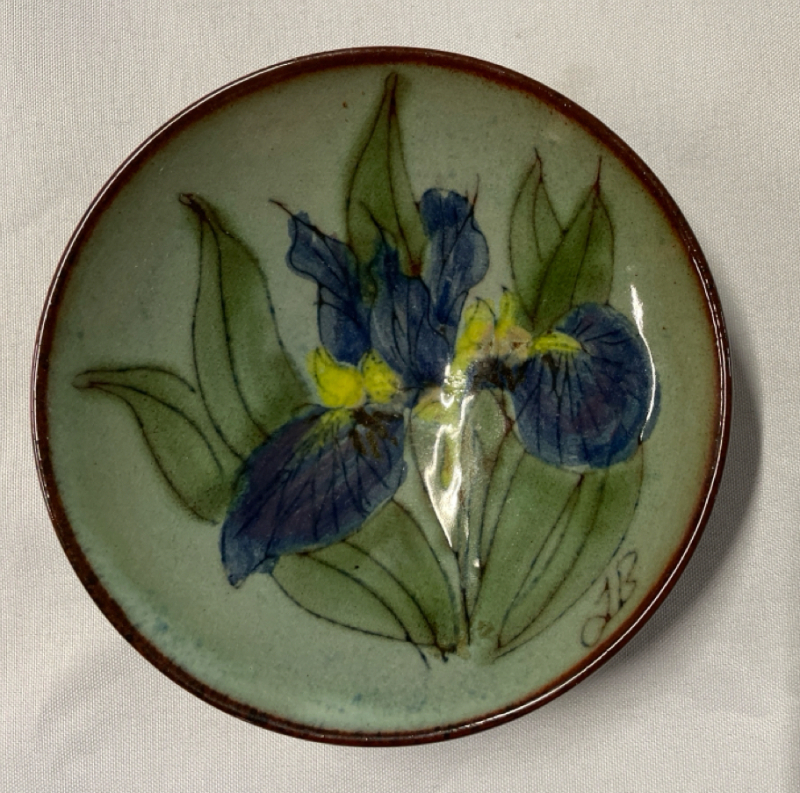 Vintage Signed 4.5&rdquo; stoneware dish from Chelsea Pottery England featuring a hand-painted iris flower design | No Chips or Cracks