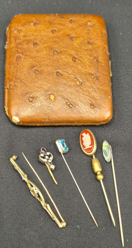 Vintage Stunning Pins - Sterling Ablone Pin, Cameo Pin + Leather Cigarette Case