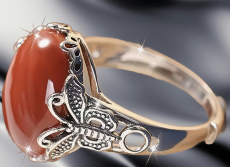 S925 Silver stamped Butterfly Ring with Red Glossy Oval Stone Currently size 6 Adjustable