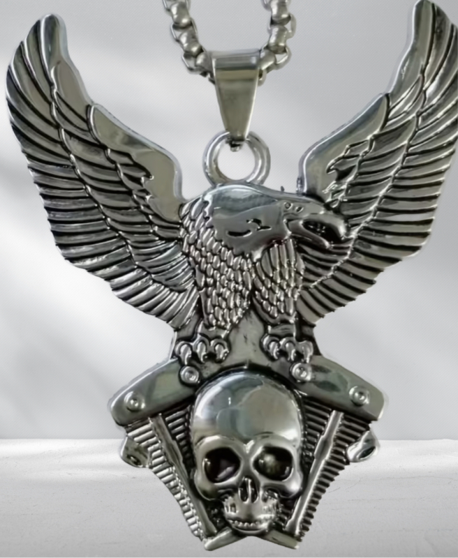 Bold Eagle Wings Pendant Necklace Stainless Steel with Skull Detailing Pendant approximately 2 Inch Sturdy Chain 22 inch