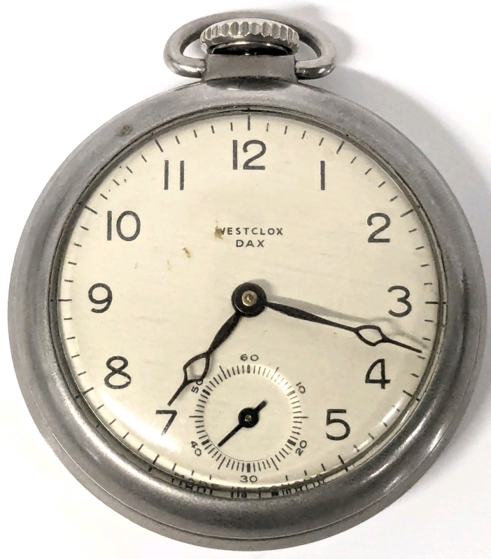 Vintage WESTCLOX DAX Made in Canada Pocket Watch, 2" Diameter, Second Hand Moves Immediately After Being Wound, Unable to Determine if Time is Kept Accurately, Could Not Remove Back