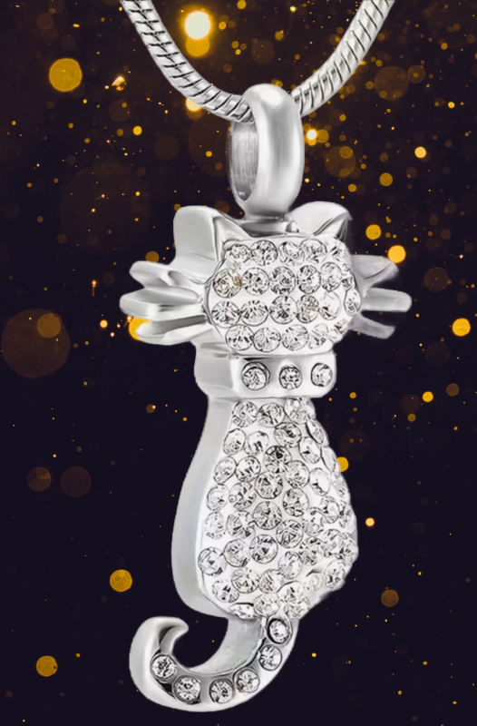 Embellished Rhinestone Cat Necklace Stainless Steel Cat Memorial Jewelry Cremation Pendant for ashes or hair Waterproof Keepsake Pendant 1.2 x 0.6 in Chain 20 in