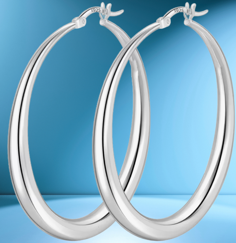 Statement Stamped S925 Silver Large Round Thick Hoop Earrings Stock photo of model added 2.25 in 60mm