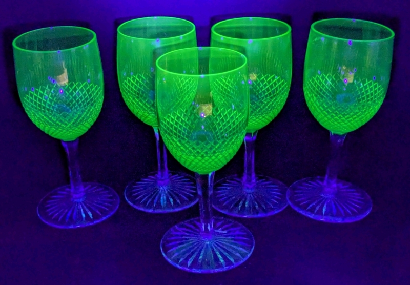 Wow! 5 URANIUM CRYSTAL Copitas / Dessert Wine Glasses, 2.5" Diameter &times; 5.5" Tall Each, No Chips or Cracks