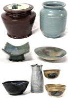 8pc Vintage Ceramics & Stoneware, All Signed or Stamped, Bowl with Spout 6.25"d, Jug 7", Bowls 4.15" - 6.75"d, Pedestal Dish, Jar with Lid 3.75" Tall, No Cracks, Shallow Chips in Glaze of Small Teal Vase