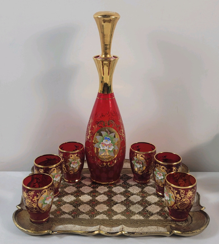 Vintage Ruby Red Bohemian Glass Hand-Blown Decantor w/Gold Trim and Enamel Flowers & Six (6) Matching Glasses . No chips or cracks