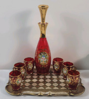 Vintage Ruby Red Bohemian Glass Hand-Blown Decantor w/Gold Trim and Enamel Flowers & Six (6) Matching Glasses . No chips or cracks