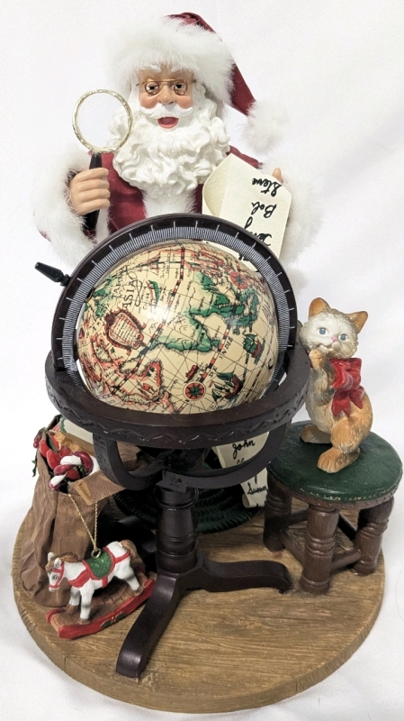 Vintage 1998 KIRKLAND COSTCO Fabric Mache SANTA CLAUS Statue Centerpiece with Spinnable Globe #212206, 11.5" Tall, Writing on Bottom