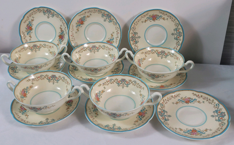 Vintage Royal Doulton " The Pembroke " Soup Bowls & Saucers . 5 Bowls & 9 Saucers . All Pieces Ring True