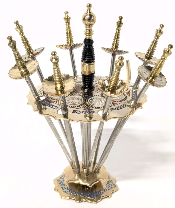Vintage MCM Signed Toledo-Style Sword Cocktail Skewers in Stand, 4.25" Tall