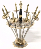 Vintage MCM Signed Toledo-Style Sword Cocktail Skewers in Stand, 4.25" Tall