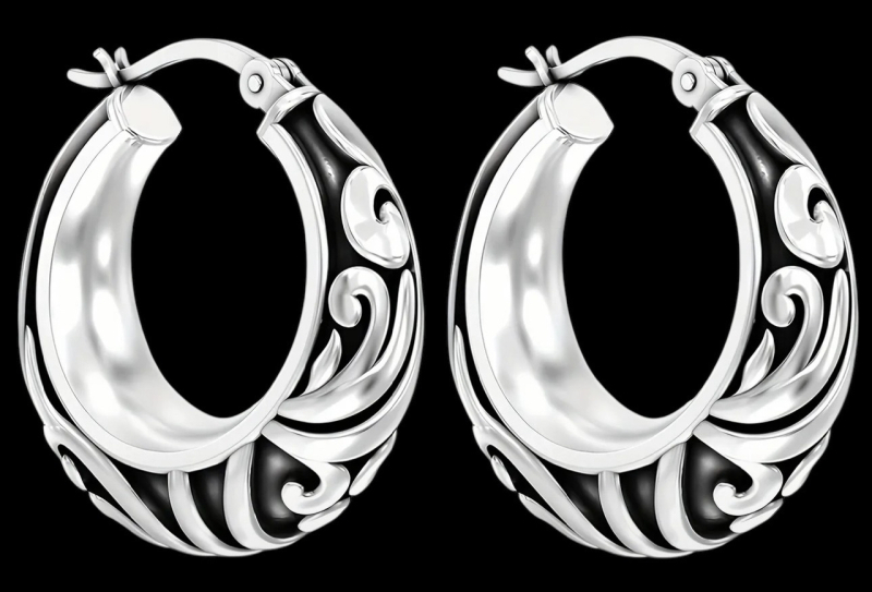 Elegant S925 Sterling Silver Hoop Earrings Vintage-Inspired Black enamel Finish Stock added with model