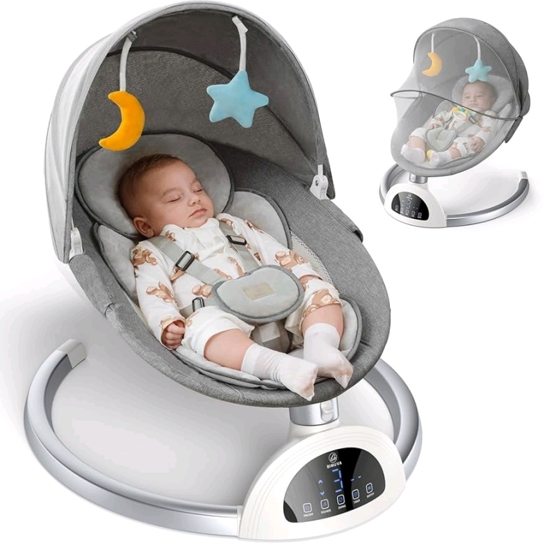 As New Bluetooth Electric Baby Swing and Portable Bouncer with Music Speaker, 5 Sway Speeds, 3 Seat Positions, and Remote Control. 19.5"D x 6.7"W x 16.9"H Retails for 109.99 US.