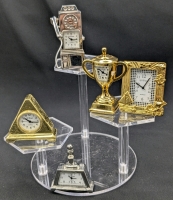 5 Miniature "LES TEMPS" Tabletop Clocks : Antique Telephone, Trophy, Pyramid, Picture Frame + Up to 3" Tall
