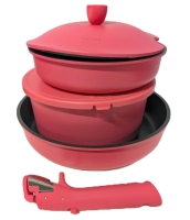 New CAROTE Nonstick Detachable Cookware in Poodle Pink : Universal Detachable Handle, 7" Fry Pan, 7.75" Pot, 9.25" Pan + 9.5" Fridge Keeper Lid & 9" Warped Cookware Lid for Pot (No Longer Fits Snugly)