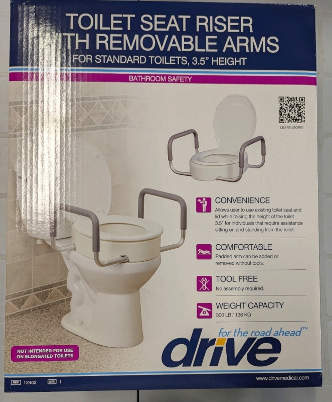 New Drive Toilet Seat Riser with Removable Arms. Fits Standard Toilets, 3?5" Height