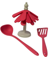 New CAROTE Poodle Pink Silicone Soup Ladle, Slotted Spatula & Triple Silicone Trivets with Stand