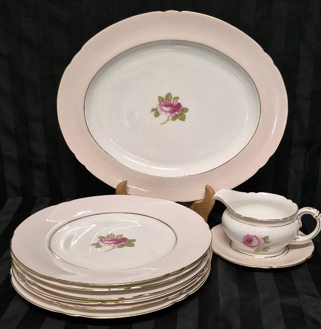9 Pieces Vintage Shelley English Rose Gravy Boat w/ Undertray, Serving Platter and 6 Dinner Plates- Pink