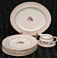 9 Pieces Vintage Shelley English Rose Gravy Boat w/ Undertray, Serving Platter and 6 Dinner Plates- Pink