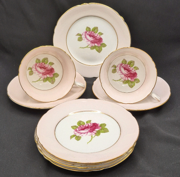9 Pieces Vintage Shelley English Rose Pattern Teacups & Saucers with 5 Bread & Butter Plates- Pink