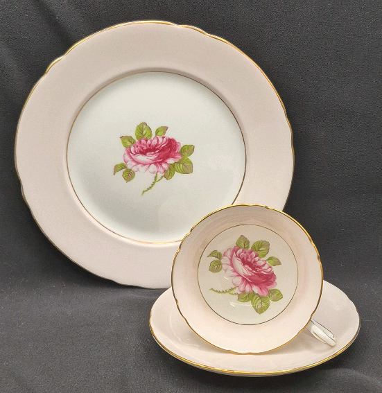 3 Piece Vintage Shelley English Rose Pattern Teacup & Saucer with Luncheon Plate - Pink