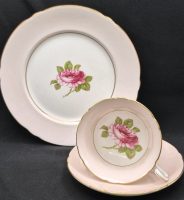 3 Piece Vintage Shelley English Rose Pattern Teacup & Saucer with Luncheon Plate - Pink