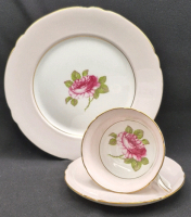 3 Piece Vintage Shelley English Rose Pattern Teacup & Saucer with Luncheon Plate - Pink