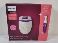 As New Philips Satinelle Essential Compact Hair Removal Epilator with Bikini Trimmer . Box bottom has tear