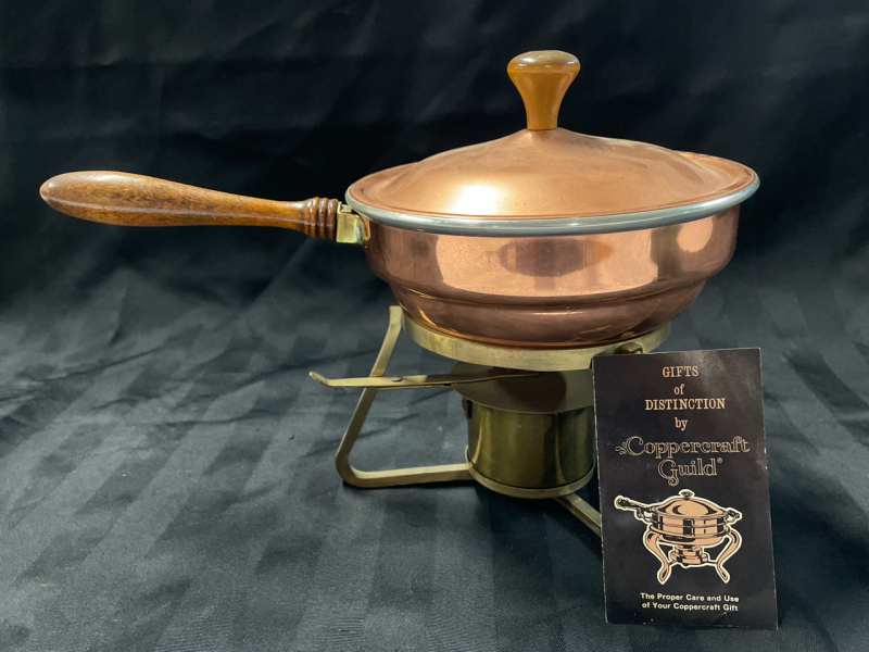 Vintage 7&rdquo; Copper Fondue Pot with Warmer | Pot Is Plated and has a Separate Copper Bowl Insert | Wooden Handle | Original Care Booklet Included