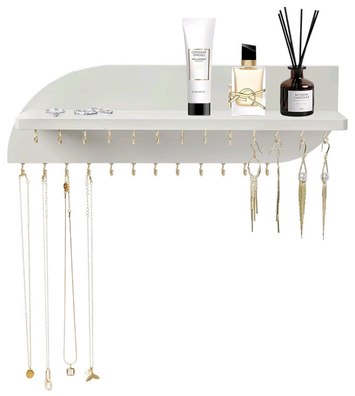 6 New Lampaggio Hanging Jewelry Organizer with 25 Hooks and Cosmetics Shelf, Modern Wood Wall Mounted Jewelry Holder for Necklaces, Bracelets, Earrings and Rings .