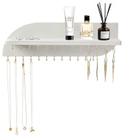 6 New Lampaggio Hanging Jewelry Organizer with 25 Hooks and Cosmetics Shelf, Modern Wood Wall Mounted Jewelry Holder for Necklaces, Bracelets, Earrings and Rings .