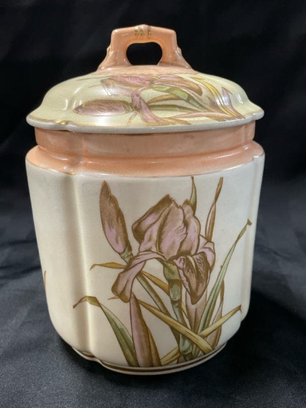 Vintage 7&rdquo; Iris Biscuit Jar by Burroughs & Mountford, manufactured by Eagle Pottery in Trenton, New Jersey, between approximately 1879 and 1882 | No Chips or Cracks
