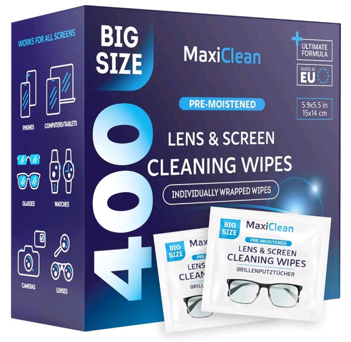 New - MaxiClean Glasses Wipes Lens Cleaner - Lens Wipes for Eyeglasses - 400 Pre-moistened Individually Wrapped Wipes for Eye Glasses, Electronics, Phone, Computer, Laptop Screen - Camera Lens Cleaner . Sealed