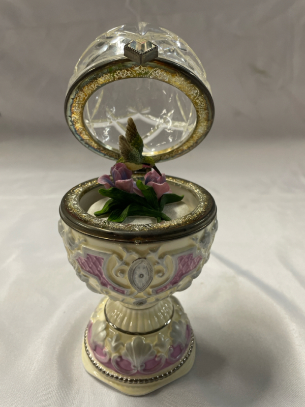 Vintage 7.5&rdquo; Tall Faberge Egg-style Musical Figurine | Ceramic, Glass and Resin |Beautiful Details | No Chips or Cracks