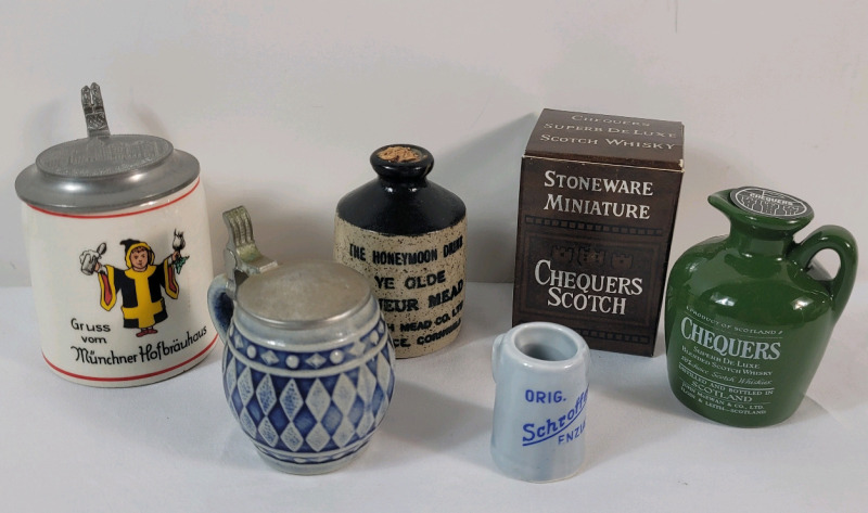 Miniature Collectable Beer Souvenir Jugs & Steins . Measures 1 &frac34;" to 3" tall