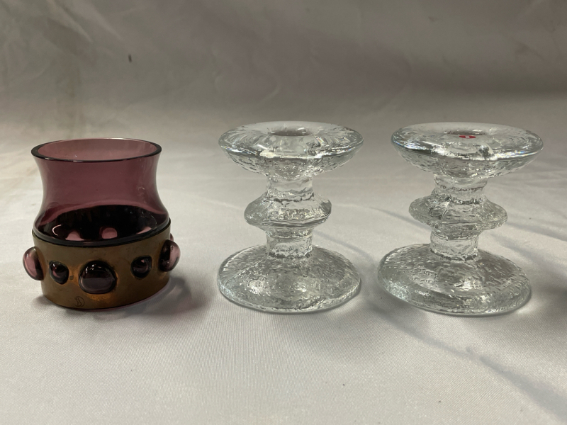3 Candle Holders | 3&rdquo; Tall | 2 Clear Taper Holders Made in Finland | 1 Tealight Holder with Presumed Copper Trim | No Chips or Cracks