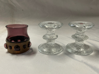 3 Candle Holders | 3&rdquo; Tall | 2 Clear Taper Holders Made in Finland | 1 Tealight Holder with Presumed Copper Trim | No Chips or Cracks
