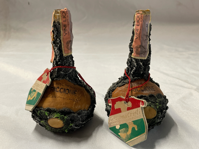 2 Vintage 5&rdquo; Empty Bottles of Lacryma Christi del Vesuvio wine, known for its connection to the volcanic soils of Mount Vesuvius in Campania, Italy. No Cracks or Chips