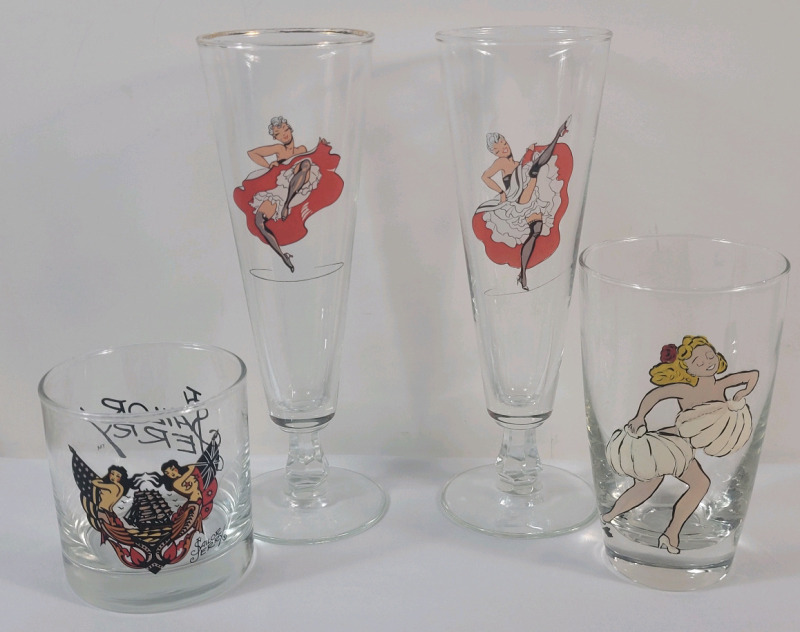 Peek-A-Boo & Sailor Jerry Beer Glasses . Measures 3.5" to 8.5" Tall
