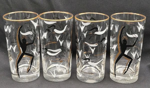 4 MCM Tribal Warrior Highball Glass Set 5.5" Tall