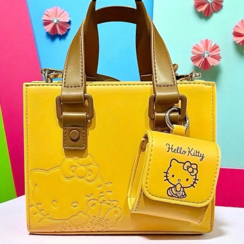 Sanrio Hello Kitty Bright Yellow Handbag with Zipper Closure & Matching Mini Purse Stock photos added Approx 6.3 x 7.5 inch