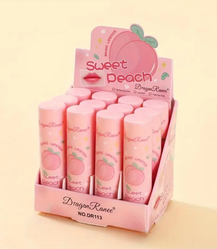 12 piece (app 3.25 in) Boxed Color Changing Lip Balm Moisturizing and Nourishing Color-Changing Lipstick Fruit Temperature Changing Peach Pink Lipstick Lip Balm stock photos added