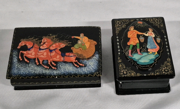 2 Beautiful Vintage Hand Painted Russian Lacquered Boxes 3" & 3.5" Long