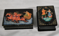 2 Beautiful Vintage Hand Painted Russian Lacquered Boxes 3" & 3.5" Long