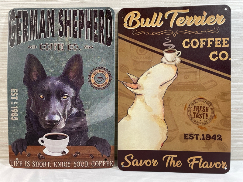 2 New 8&rdquo;x12&rdquo; metal signs | dog and coffee theme
