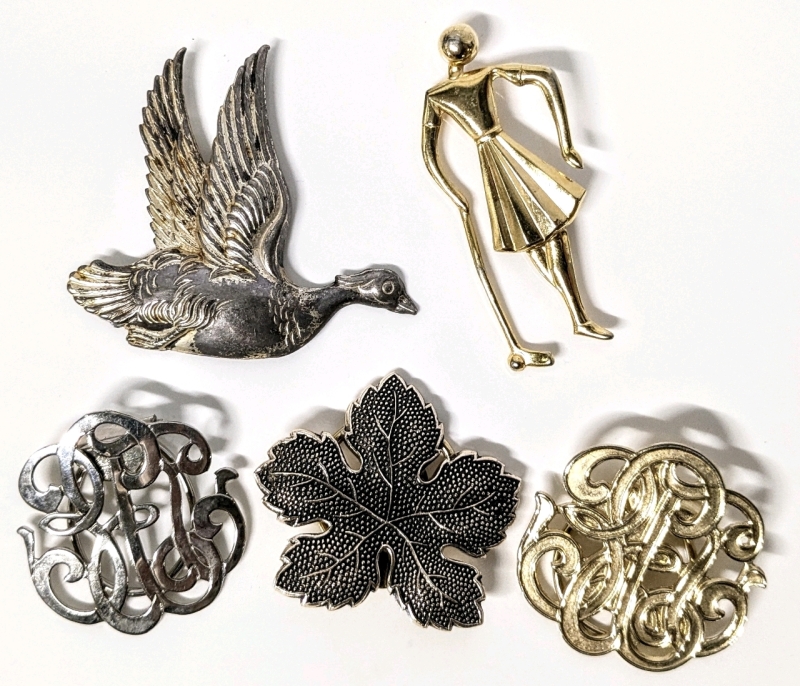 2 Vintage Brooches : Signed BB Sterling Duck + Figural Lady Golfer & 3 Vintage Scarf Clips (Textured West German Maple & 2&times; Monogram-Style) - Up to 2.4" Long